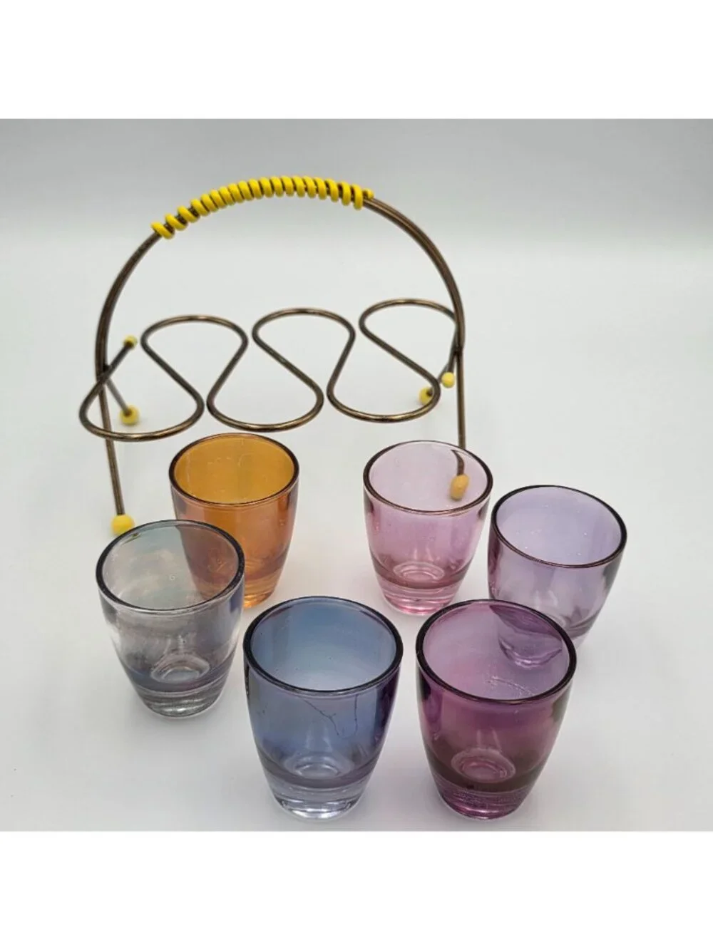 1950s Harlequin Shot Glass Set with Wire Holder Vintage MCM Barware